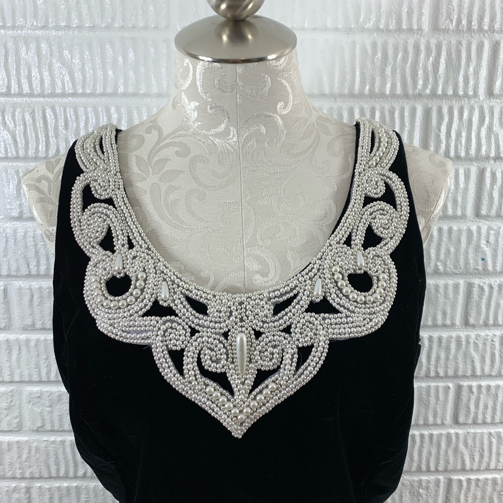 Gunne Sax Black Velvet Midi Dress with Ivory Beaded Neckline - Picture 2 of 7